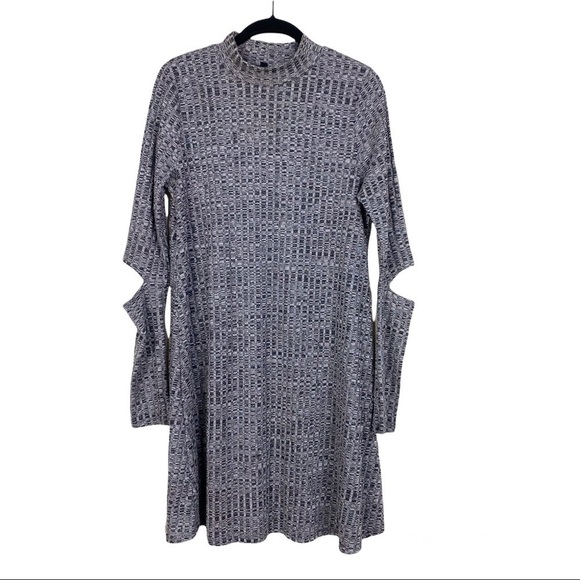 Gianni Bini Heather Gray Ribbed Knit Elbow Cutouts Long Sleeve Shift Dress M - Picture 2 of 6